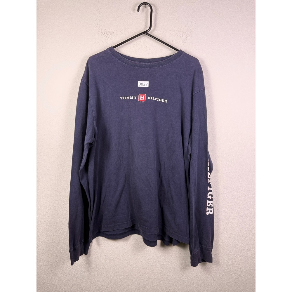 Tommy Hilfiger Mens XXL Navy Blue Long Sleeve Logo Graphic T-Shirt Vintage Look